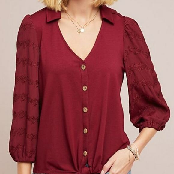 Venessa Virginia for Anthropologie Red Lenora Blouse V-neck Waist tie‎ Medium - Picture 10 of 10